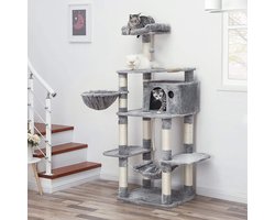 Krabton: FurnStar - XXL Luxe Katten Krappaal Met Hangmat Hangende Mand & Katten Huisje - Activity Center - Grote Krappaal Klimpaal Met Speelset - Krabmeubel 164 CM Hoog - Sisal/Pluche - Grijs