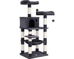 gezellige Krabpaal - Kattenboom - 143 cm - met Krabbord en Huisjes - rookgrijs