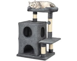 Goodivery ® Krabpaal voor katten met 2 holtes en gezellig ligvlak, hoogte 80 cm, kattenboom met pluche bal incl. belletjes, met sisaltouw en pluche, geschikt voor kleine en grote katten, donkergrijs