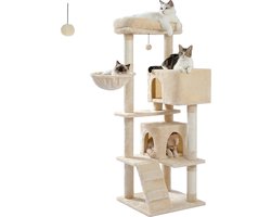 Gran Vida® - Katten Krabpaal - Ruime Planken en Hangmat - Ideaal voor Grote Katten - Afneembare Pluche Kussens - Hygiënisch en Onderhoudsvriendelijk - Beige - 49 x 49 x 143