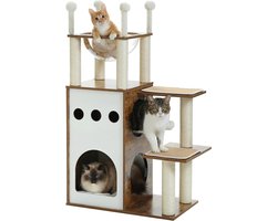 Gran Vida® - Kattenboom - Inclusief Hol - Stevig en Veilig - 2 Niveaus - Voor Grote Katten - Met Krabpaal - Donkerbruin/Wit
