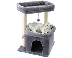 Gran Vida® - Kattenkrabpaal met Ligmand - Luxe Kattenboom - Inclusief Krabpalen - Zacht Pluche - 68 cm Hoog - Grijs