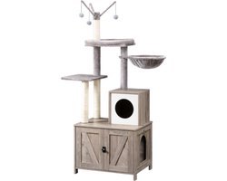 Greige EBG15MZ03 Krabpaal met kattenbakkast, krabpaaltoren, 150 cm, verborgen kattenbakmeubel, alles-in-één kattenmeubel voor binnenshuis, krabpaal, afneembare pluche balpaal