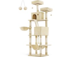 Grote Beige Krabpaal - Kattenappartement - Kattentoren met meerdere niveaus - Spaanplaat, Pluche, Sisal - 60 cm x 50 cm x 206 cm - 23,5 kg - 75 kg capaciteit