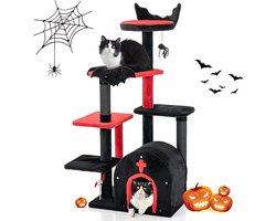 Grote gotische krabpaal voor katten – 6 verdiepingen met uitkijkplatform, springplateaus en kattenhuis met boog | Inclusief pompon & shuttle | Perfect voor Halloween