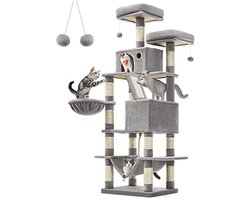 Grote Kattenboom 168cm Hoog met 13 Krabpalen, 2 Platforms, 2 Grotten, Mand, Hangmat en Pluche Ballen