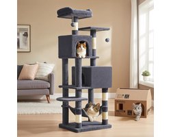Grote Kattenboom van 155 cm met Krabpalen, Hangmat en 2 Kattenhuisjes - Rokerig Grijs