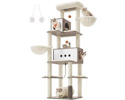 Grote Kattenboom van 197 cm Hoog - XXL Multi-verdieping Kattenhuis met 2 Grotten, 2 Zonnebedden, 4 Krabpalen, Kattenborstel, Tunnel en Platforms - Moderne Kattenaccessoires