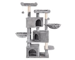 Grote kattenboom voor thuis 55×40×164cm, met 3 kattenhuisjes, 2 kattenmanden en 2 zachte uitkijkplateaus, lichtgrijs, stevig, krasbestendig en anti-omval, geschikt voor meerdere kattenfamilies