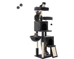 Grote Kattenkrabpaal 156 cm met Hangmat, 2 Holletjes en Platforms - Rookgrijs