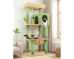 Grote Kattentoren met Klimmogelijkheden, Krabpaal en Hangmat in Cactusdesign