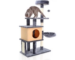 Grote Krabpaal 112 cm Hoog Donkergrijs met Huisje, Ligplek en Krabplanken