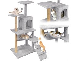 Grote Krabpaal 125 cm met 6 Niveaus, Hol, Hangmat en Sisal - Lichtgrijs