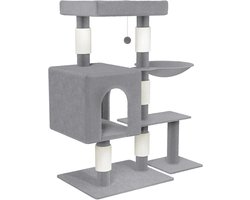 Grote Krabpaal Grijs - Kattenboom met Gouden Platformen en Mand (93 cm Hoog)