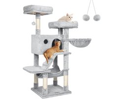Krabpaal: Grote krabpaal - Katten klimboom - Katten spel en rust - Versterkte basis - 135 cm hoog - Grijs Wit