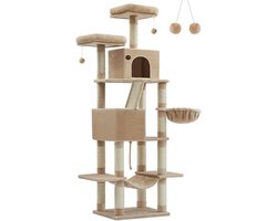 Grote krabpaal - Kattenboom 206 cm hoog - XXL-krabpaal met 13 krabpalen - 2 platforms - 2 grotten - mand hangmat - pluche ballen - kameelbruin - 206cm