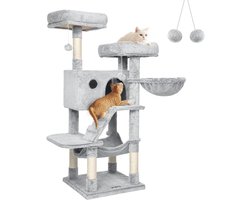 Krabpaal: Grote krabpaal - Kattenboom - Katten spel - Versterkte basis - 135 cm hoog - Grijs Wit