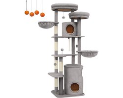 Grote Krabpaal - Krabpaal - Klimtoren - Spaanplaat - Pluche - Sisal - 60cm x 55cm x 196cm - Lichtgrijs