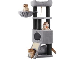 Grote krabpaal met pluizig uitkijkplatform, bank en knuffelgrot - Lichtgrijze kattentoren met extra dikke stammen (PCT02W)