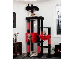 Grote krabpaal voor 2-4 katten van 7kg+ - 167 cm hoog met groot platform, kattenhuis, mand en antikantelbeveiliging - Gotisch design in zwart en rood