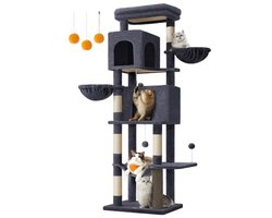 Grote Krabpaal voor Katten - 175 cm Hoog, Multi-verdieping met 2 Grotten, 2 Zonnebedden, 5 Krabpalen, en Grote Platform - Donker Grijs