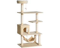 Krabpaal: Grote krabpaal voor katten 70x40x152 cm met meerdere platforms, grot en hangmatpalen, beige