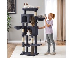 Krabpaal: Grote krabpaal voor katten – Gemaakt van bewerkt hout – Donkergrijs/Zandbeige/Duifgrijs – Meerdere verdiepingen met 2 holletjes en 5 krabpalen