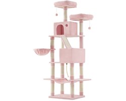 Grote krabpaal voor katten – Gemaakt van bewerkt hout – Rookgrijs/Lichtgrijs/Beige/Inktzwart/Crèmewit – 13 krabpalen, 2 zitplaatsen, hangmat