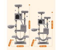 Grote krabpaal voor katten van Feandrea, 168 cm hoog, met 13 krabpalen, 2 platforms, 2 grotten, mand, hangmat, pluche ballen, meerlaagse kattenkrabpaal, rookgrijs PCT165G01