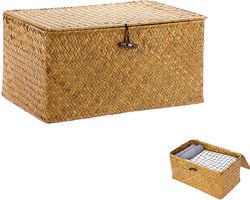 Handgeweven rieten opbergmand met deksel, ideaal voor speelgoed en kledingopslag, multifunctionele mand voor thuisorganisatie (M, Oranje)