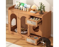 HAUSS SPOLE Dressoir - Kattenkast 5-in-1 Met Verborgen Kattenbak En Voerlade - Rustplaats En Opbergruimte Voor Woonkamer - MDF En Glas - 120x45x76 Cm - Notelaar