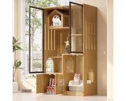 HAUSS SPOLE Kattenkast - Glazen Panoramadeur Met 4 Niveaus En Krabpaal - Voor Woonkamer Of Balkon - MDF Glas - 90x50x160 Cm - Esdoorn