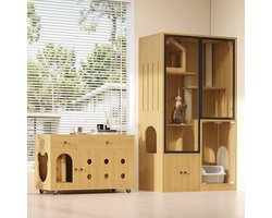 HAUSS SPOLE Kattenmeubelset - Glazen Kattenvilla Met Krabpaal En Slaapnis - Kattenbak Kast Met Lades - MDF Glas - 90x50x160 100x45x66 - Esdoorn