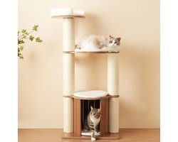Krabpaal: HAUSS SPOLE Krabpaal – 135 Cm – Met 3 Niveaus En Kattenhuis – MDF – Bruin Wit – Met Uitneembare Kussens En Kantelbeveiliging
