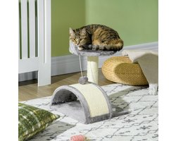 Krabpaal: HAUSS SPOLE Krabpaal &ndash; 46 cm &ndash; Met Pluche Huisje En Verhoogd Ligplatform &ndash; Polyester En Sisal &ndash; Grijs &ndash; Voor Katten Tot 4 kg