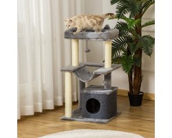 Krabpaal: HAUSS SPOLE Krabpaal - 90 cm - Met Hangmat En Huisje - Spaanplaat Met Sisal En Pluche - Grijs - Voor Krabben, Klimmen En Rusten