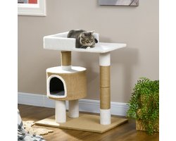 Krabpaal: HAUSS SPOLE Krabpaal – Met Kattenhuisje En Ligplatform – 70 x 49 x 79 cm – Hout, Jute En Stof – Bruin/Wit – Voor Rust En Krabben