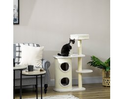 Krabton: HAUSS SPOLE Krabpaal – Met Krabton En Kattenbed – 59 x 35 x 100 cm – Hout, Sisal En Pluche – Cremewit – Voor Rusten, Krabben En Spelen