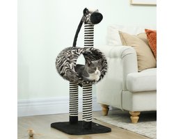 Krabpaal: HAUSS SPOLE Krabpaal &ndash; Zebra-Design Met Katzentunnel &ndash; 48,5 x 35 x 93 cm &ndash; Hout, Pluche En Sisal &ndash; Zwart Wit &ndash; Voor Krabben, Klimmen En Rusten