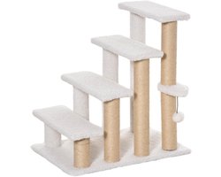 Haustiertreppe - 60 x 40 x 64 cm - 4-stufige Katzentreppe & Hundetreppe aus Spanplatte, Plüsch & Jute - Weiß