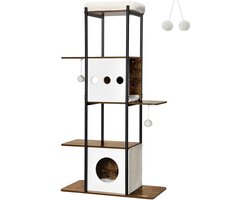 Hennova Kattenhuis - Krabpaal - Kattenbak kast - Verwijderbare Kussens - 4 verdiepingen - Met Huisje - 153 cm hoog- Wit/bruin - 80x40x153 cm (L X W X H)