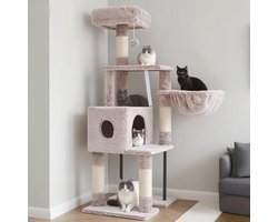 Heybly HCT200SMU Krabpaal, 125 cm kleine kattenboom, ruime en comfortabele krabpaal met hol, zitstang, springplatform, krabzuil, mand, stabiele metalen buizen, bruin-beige