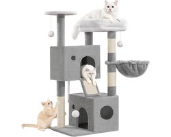 Krabpaal: HILINSIE Kattenkrabpaal voor Binnenshuis, 108 cm Kattenkrabpaal, Inclusief Krabpaal, 2 Kattenmandjes, Rustplatform Bovenop, Pluizenbolletjes, Kattenmand, Krabplank, Lichtgrijs