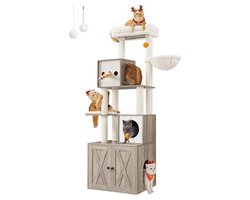 Hoge Kattenboom met Krabpaal en Litter Box - 185 cm Hoog met Wasbaar Kussen in Grijs