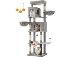 Hoge Kattenboom met Meerdere Verdiepingen, 2 Condos, 2 Bedden, 5 Krabpalen en Hangmat in Duifgrijs