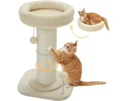 Hoge kattenkrabpaal - binnenkatten - superdikke krabpaal - afneembaar pluizig kattenbed - veerbal - beige