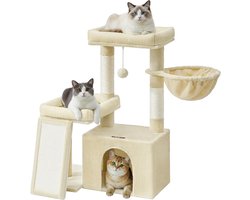 Hoge Krabpaal met Mand, Platform en Krabplank - Beige Kattenboom