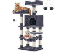 Hoogte 112 cm Krabpaal speeltoren voor katten met 11 krabpalen 2 platforms 1 nis 1 hangmat 2 pompons van pluche stof meerdere niveaus donkergrijs PCT215G01