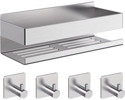 Hoogwaardige Doucheplank Van Verdikt Roestvrij Staal 304 Zonder Boren Zelfklevende Badkamerplank Met 4 Haken Voor Douche, Keuken, Toilet.
