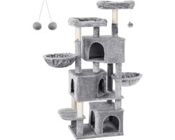 Hoppa! - Krabpaal Groot met 3 Kattengrotten - Grijs - 41 x 56 x 164 cm (L x B x H)